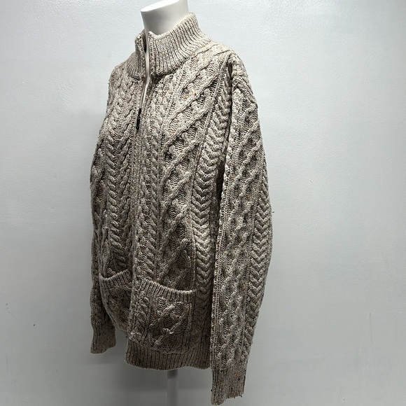 Aran Crafts Sweater Jacket Merino Wool Full Zip Collared Cable Knit Tan Medium - Picture 6 of 9
